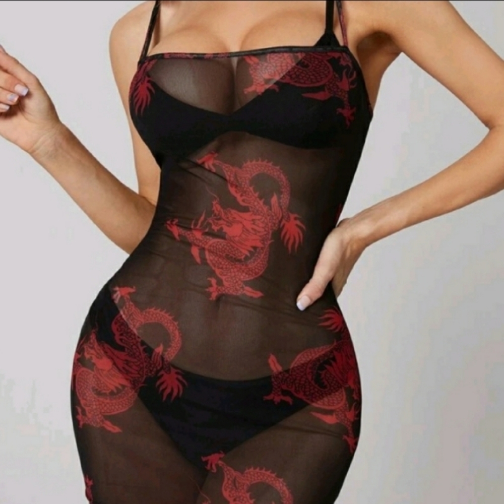 Sheer dragon print bodycon dress